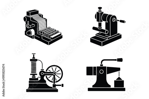 Industrial machinery icons: lathe milling machine steam engine mechanical press