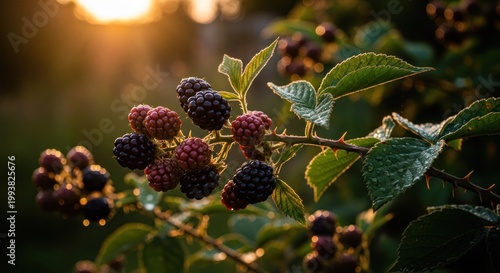 Close-up of Ripe Blackberries on a Bush at Sunset.