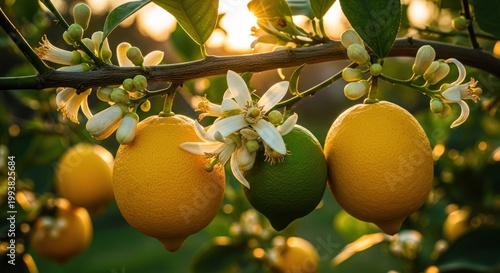 Close-up of ripe lemons and blossoms on a tree branch at sunset.