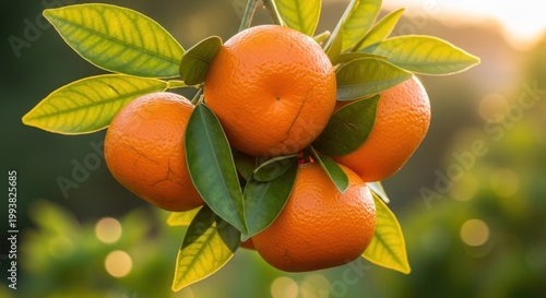 Close-up of ripe oranges hanging from a tree branch with green leaves in warm sunlight.