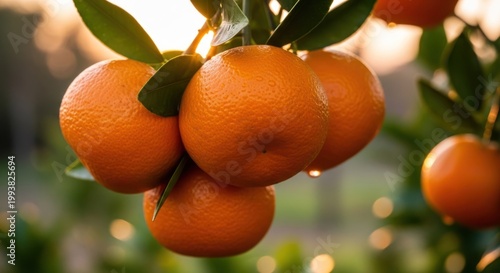 Close-up of Ripe Oranges Hanging on a Tree Branch with Water Droplets.