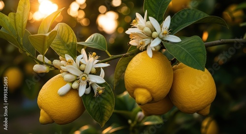 Close-up of ripe lemons and delicate white blossoms on a tree branch bathed in warm sunlight.
