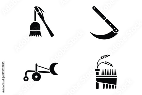Agricultural tools and equipment icons: sickle broom plow attachment grain