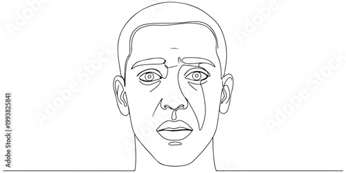 Continuous one line drawing of a man's face with wide open eyes and traumatized expression, representing war-related mental disorder, line art style vector illustration.
