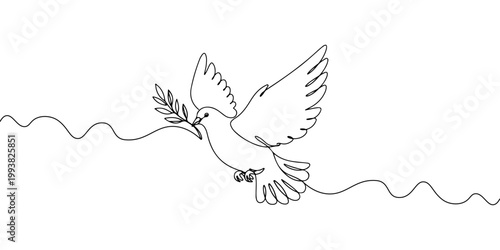 Continuous one line drawing of a flying dove with an olive branch, representing the universal symbol of peace and hope, line art style vector illustration.