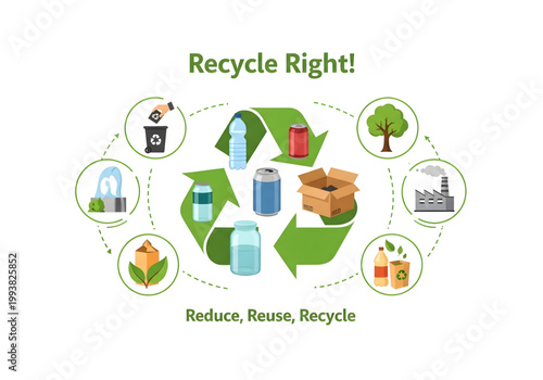 Recycle right reduce reuse and recycle waste management set png on transparent background