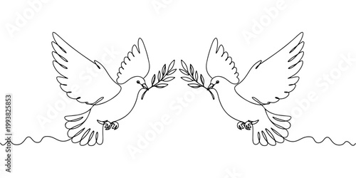 Continuous one line drawing of a flying dove with an olive branch, representing the universal symbol of peace and hope, line art style vector illustration.