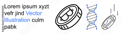 Science, genetics, blockchain, cryptocurrency, technology, innovation. DNA helix and coins with text elements. Genetics and blockchain are creatively illustrated