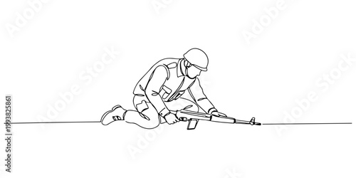 Continuous one line drawing of a soldier laying his weapon on the ground, representing the end of hostilities and peaceful intentions, line art style vector illustration.