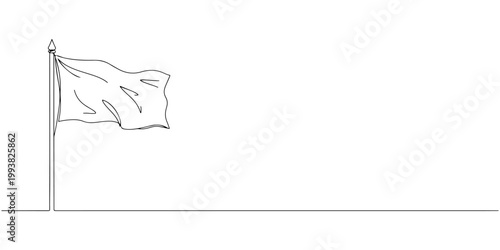 Continuous single line drawing of a white flag raised high, representing peaceful surrender and cessation of violence, line art style vector illustration.