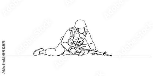 Continuous one line drawing of a soldier laying his weapon on the ground, representing the end of hostilities and peaceful intentions, line art style vector illustration.