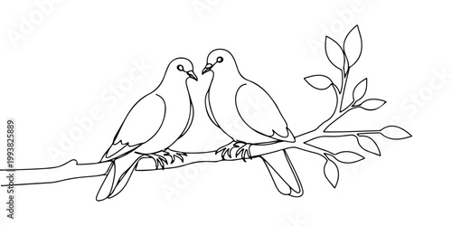 Continuous one line drawing of two doves close together on a tree branch, representing harmony and love after separation, line art style vector illustration.