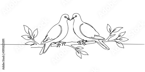 Continuous one line drawing of two doves close together on a tree branch, representing harmony and love after separation, line art style vector illustration.