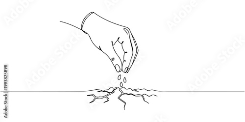 Continuous one line drawing of hands sowing seeds on broken ground, representing rebuilding and new hope, line art style vector illustration.