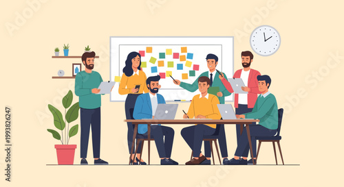 Group of people working together in an office setting discussing ideas and taking notes on a whiteboard during daytime