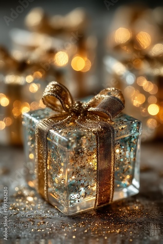 Hyperrealistic still of glass gift boxes with fine glitter tumbling through the air, wrapped in smooth satin gold bow.