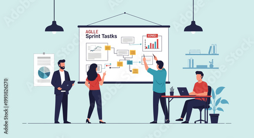 Team collaborates on agile sprint tasks during a meeting in a modern office space in the afternoon