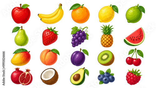 Fruit vector set with 20 fruits including apple, banana, orange and strawberry