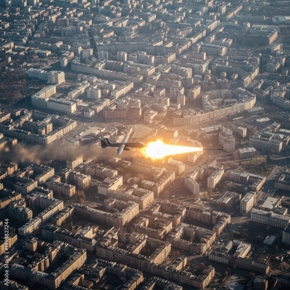 Obraz premium Aerial view of a military helicopter firing a missile over a densely populated city.
