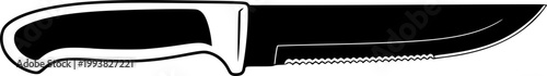 Black silhouette of a flat, serrated knife with handle
