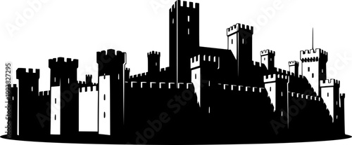 Black silhouette of Tower Bridge with suspension bridge and castle towers against a white background
