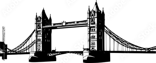 Black silhouette of Tower Bridge with suspension bridge and castle towers against a white background
