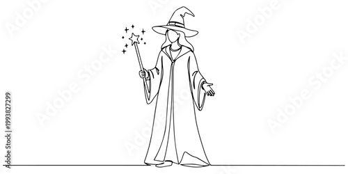 Continuous one line drawing of a witch standing with a magic wand and long robe, depicting a Halloween fairy tale character. Line art style vector illustration.