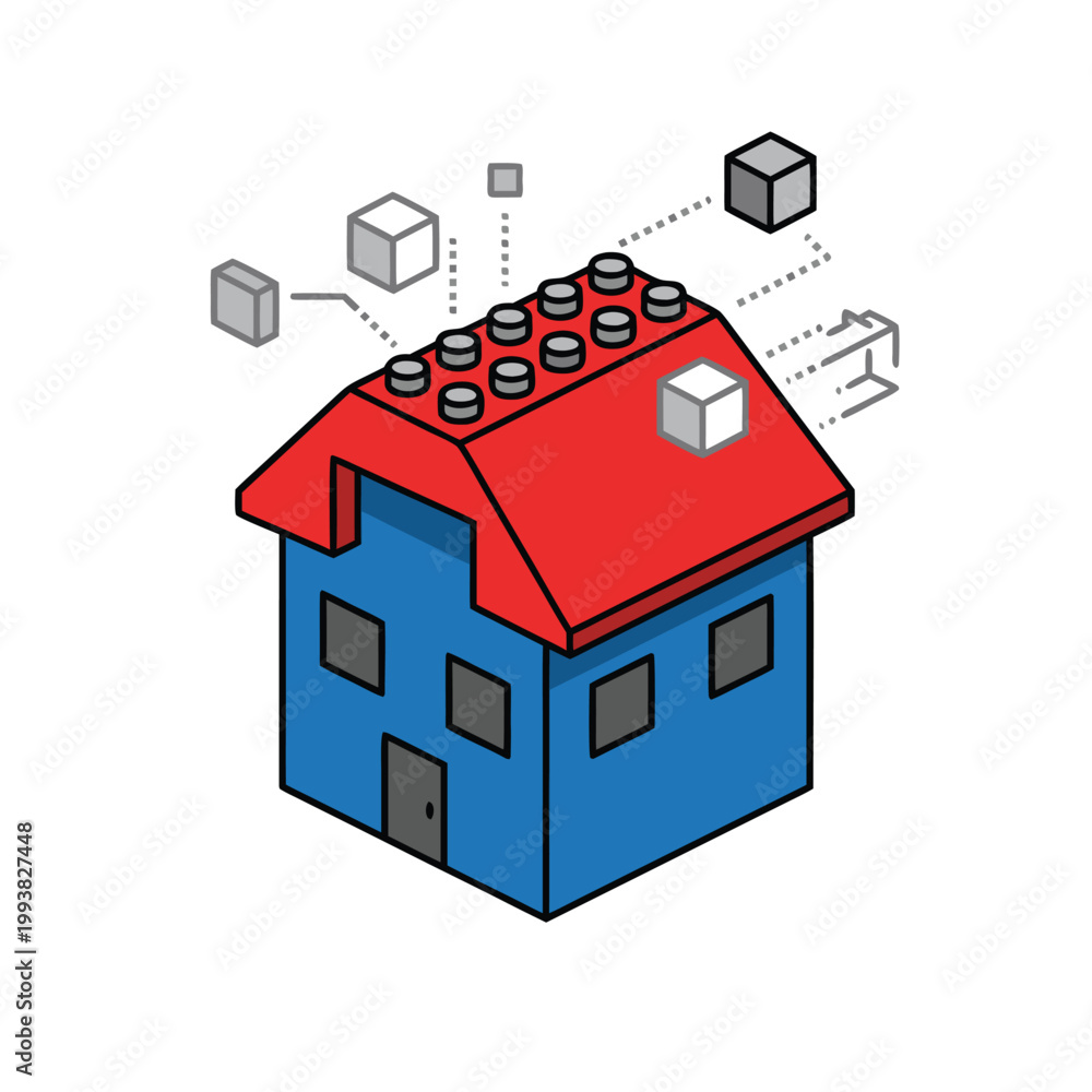 Fototapeta premium Isometric Lego House Illustration with Floating Blocks and Red Roof.