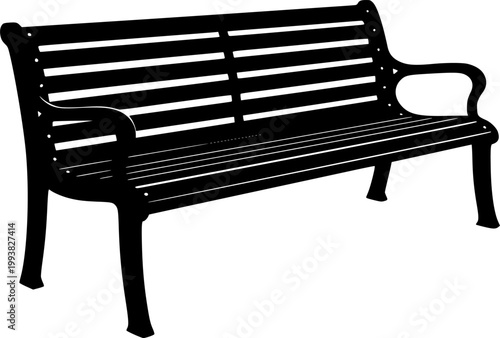 Black silhouette of a park bench against a white background
