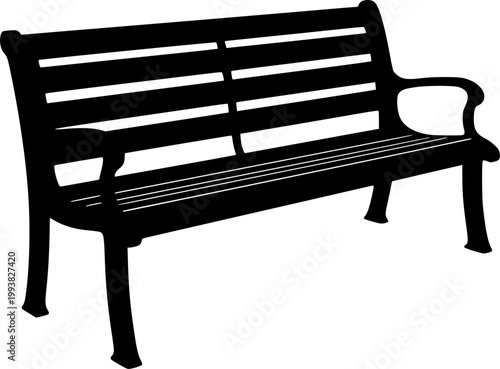 Black silhouette of a park bench against a white background
