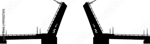 Silhouette of a boat passing under a bascule bridge isolated on white background
