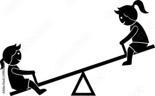 Silhouette of two children playing on a seesaw in a minimalist style
