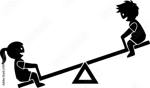 Silhouette of two children playing on a seesaw in a minimalist style

