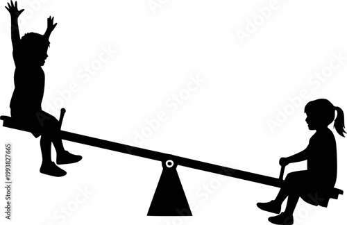 Silhouette of two children playing on a seesaw in a minimalist style
