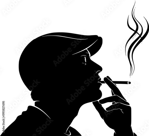 Silhouette of a man smoking a cigarette in a cap against a white background

