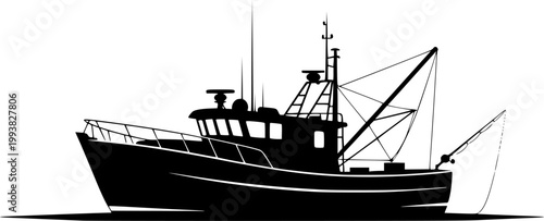 Black silhouette of a fishing boat on a white background
