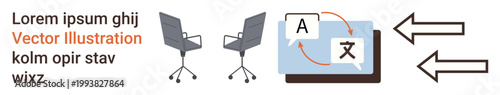 Language interpretation, office communication, multilingual support, workspace planning, digital translation, direction management. Two office chairs, computer with language icons, and arrows