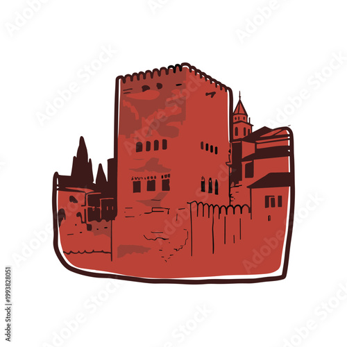Medieval Fortress Tower with Castle Walls and Cityscape Sketch