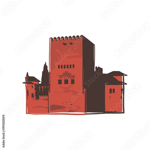 Red Fortress Tower Sketch, Architectural Landmark Illustration, Historic Building Drawing
