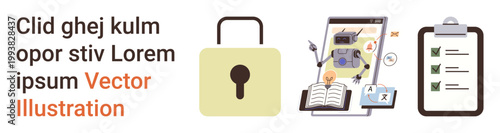 Cybersecurity, artificial intelligence, task management, data protection, automation, secure processes. A lock, a robot and a checklist. Cybersecurity and artificial intelligence concept