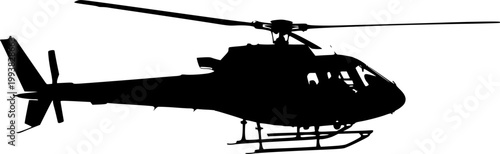 Black silhouette of a helicopter against a isolated on white background
