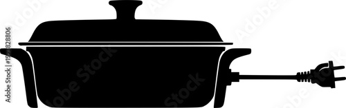 Black silhouette of electric baking dish with plug isolated on white background
