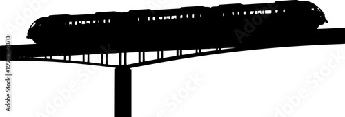 Monorail train on elevated track silhouette isolated on white background
