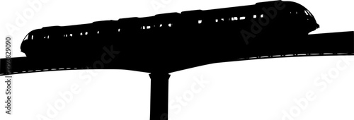Monorail train on elevated track silhouette isolated on white background
