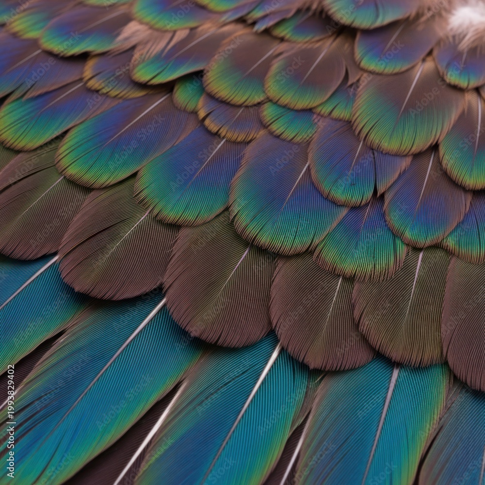 Obraz premium Close-up Macro View of Iridescent Peacock Feathers Showing Detailed Texture and Color.