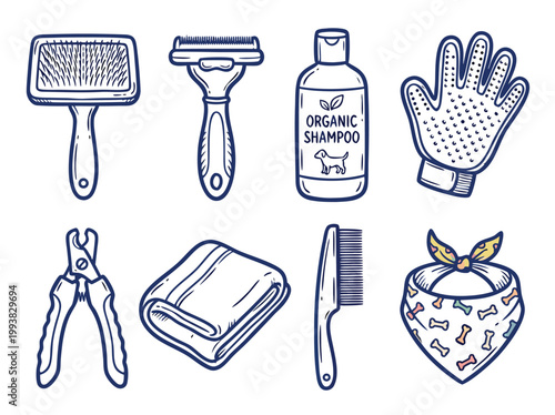 Pet Grooming Tools and Accessories Doodle Illustration.