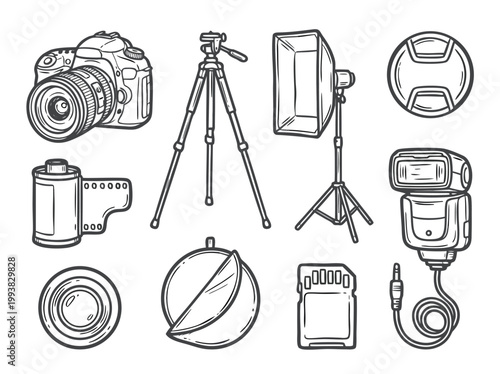 Photography Equipment Sketch Camera Tripod Flash and Accessories.