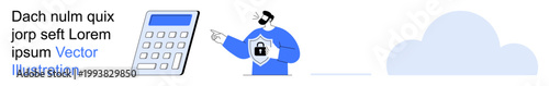 Cybersecurity, cloud computing, data protection, information security, financial calculation, online services. Person with shield lock icon gestures near calculator and cloud. Cybersecurity and data
