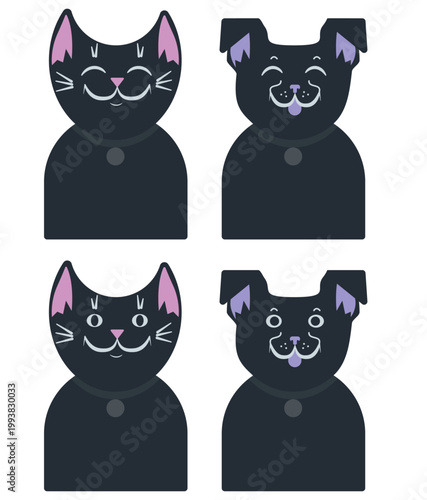 Portraits of cheerful cat and dog with opened and closed eyes. Simple flat vector illustration of pets.