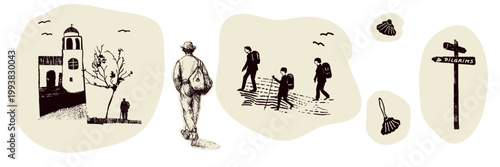 Set of pilgrim men group walking on path to church on trail. Country landscape with camino signpost, church, pilgrims way shell, man for Canterbury or Camino religious pilgrimage walk. Icon collection